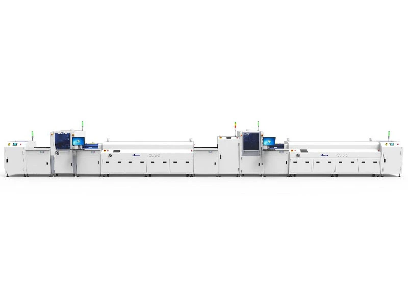 PCB conformal coating line diagram showing loading, selective coating, UV inspection, curing oven, board flipping, and unloading